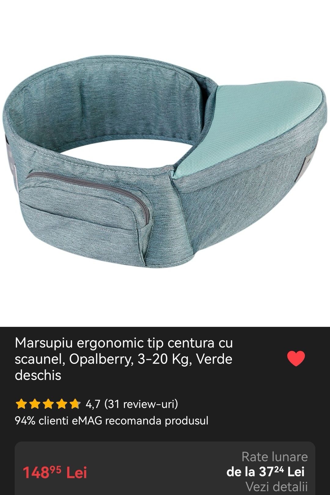Marsupiu ergonomic tip centura cu scaunel, Opalberry, 3-20 Kg, Verde d