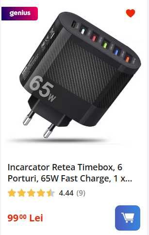 Incarcator Retea 6 Porturi LED , 65W Fast Charge, 1 x Type-C, 5 x USB