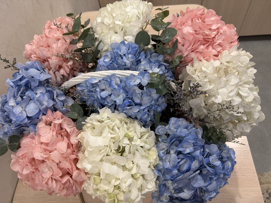 Цветы гортензии в корзине