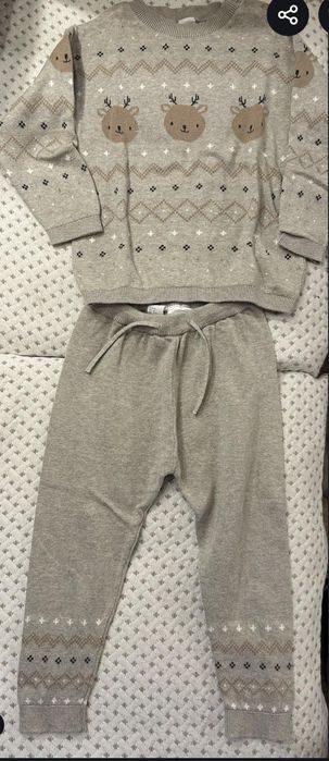 Детски плетени комплекти пуловер и панталон Н&М 98 см зелен и бежов