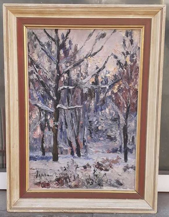 Tablou vechi - peisaj de iarna - semnat Isachie