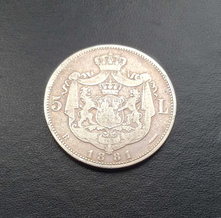 Moneda 5 lei 1881 argint, variante rege, stema mare, 6 stele, mai rara