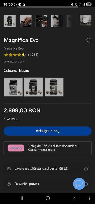 Vând cafetieră DēLonghi Magnifica Evo ECAM292.81.B EX:1.
Este noua, în