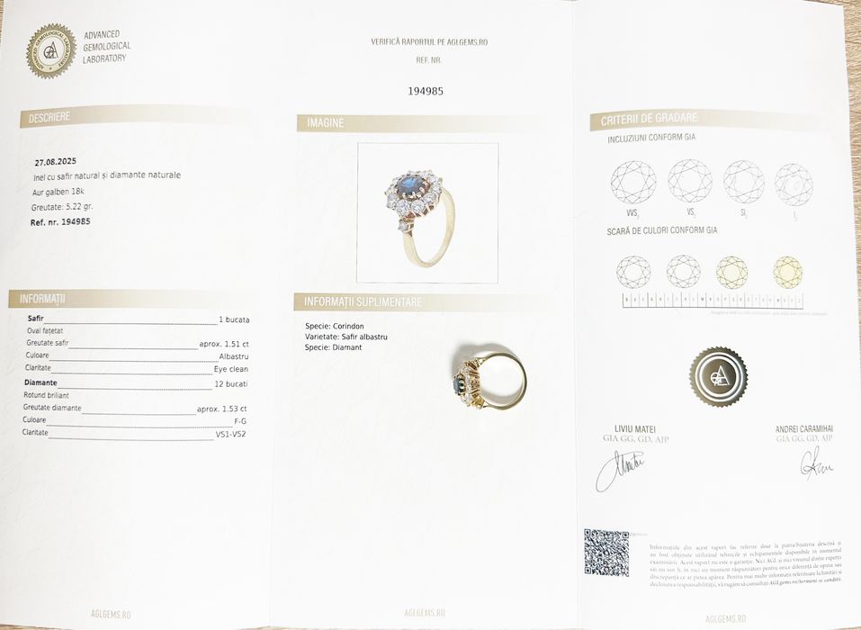 Inel din aur 18k cu safir si diamante naturale 1.53 VS