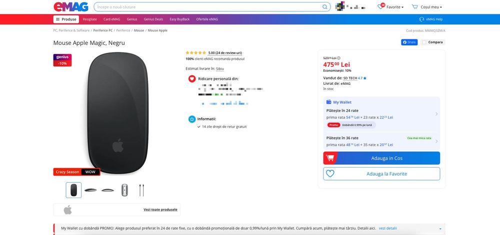 Apple Magic Mouse, Multi-Touch Surface, Negru, in garanție