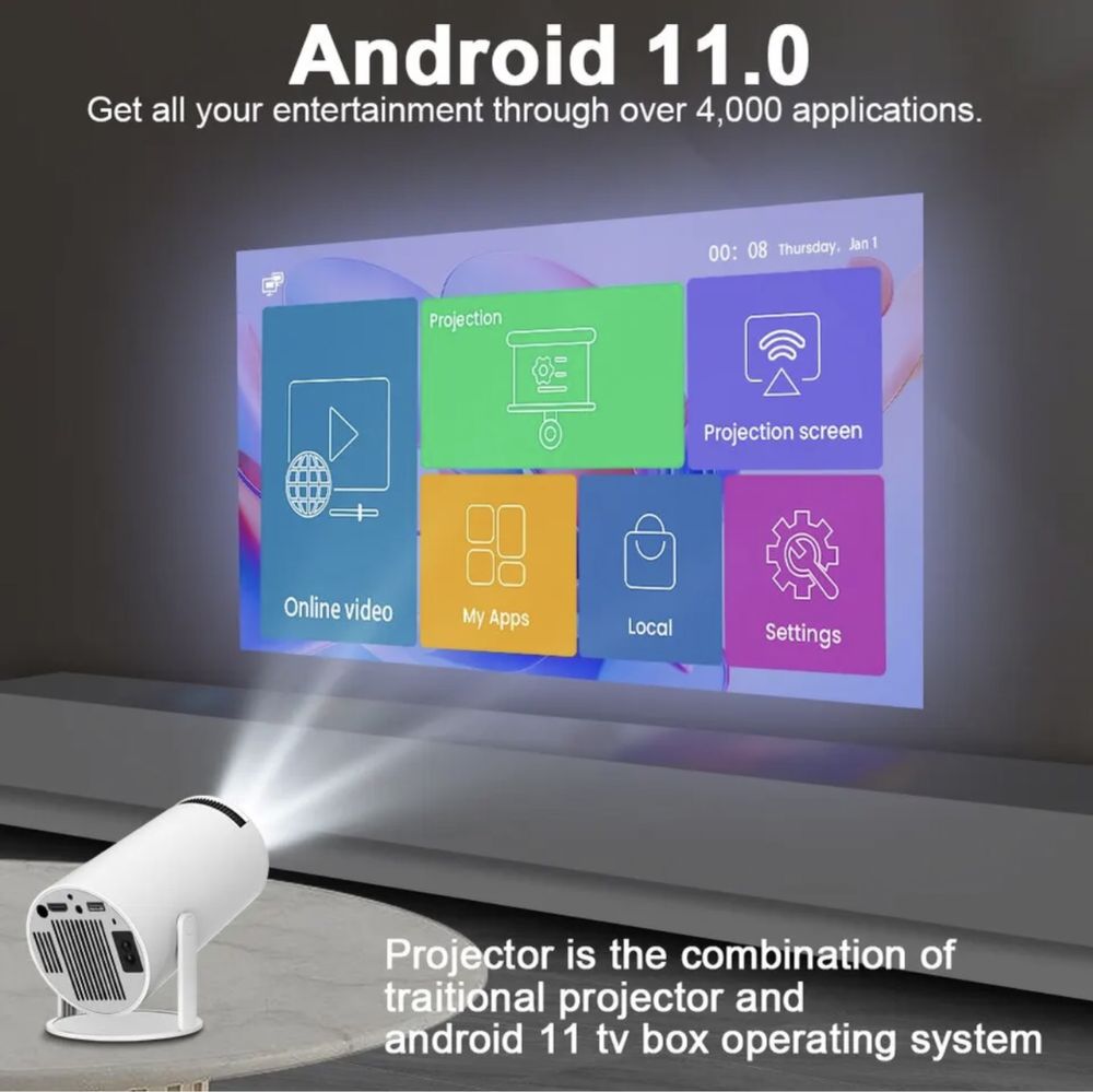 Проектор 4К Ultra HD Pro Android 11 WiFi резолюция 1280×720P