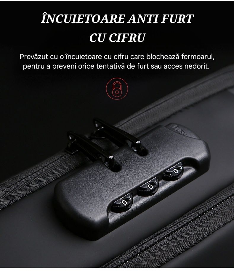 Borsetă Antifurt cu Cifru. Spațioasă/Multe buzunare. Mufa&Cablu USB.