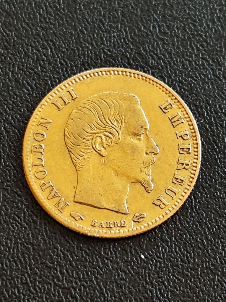 5 франка 1858 год., Наполеон III,злато 1.61 гр.,900/1000 (21.6. Карата