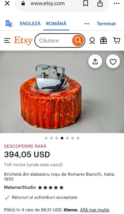 Bricheta in piatra de  alabastru rosu italia,anii 1970 lucrata manual