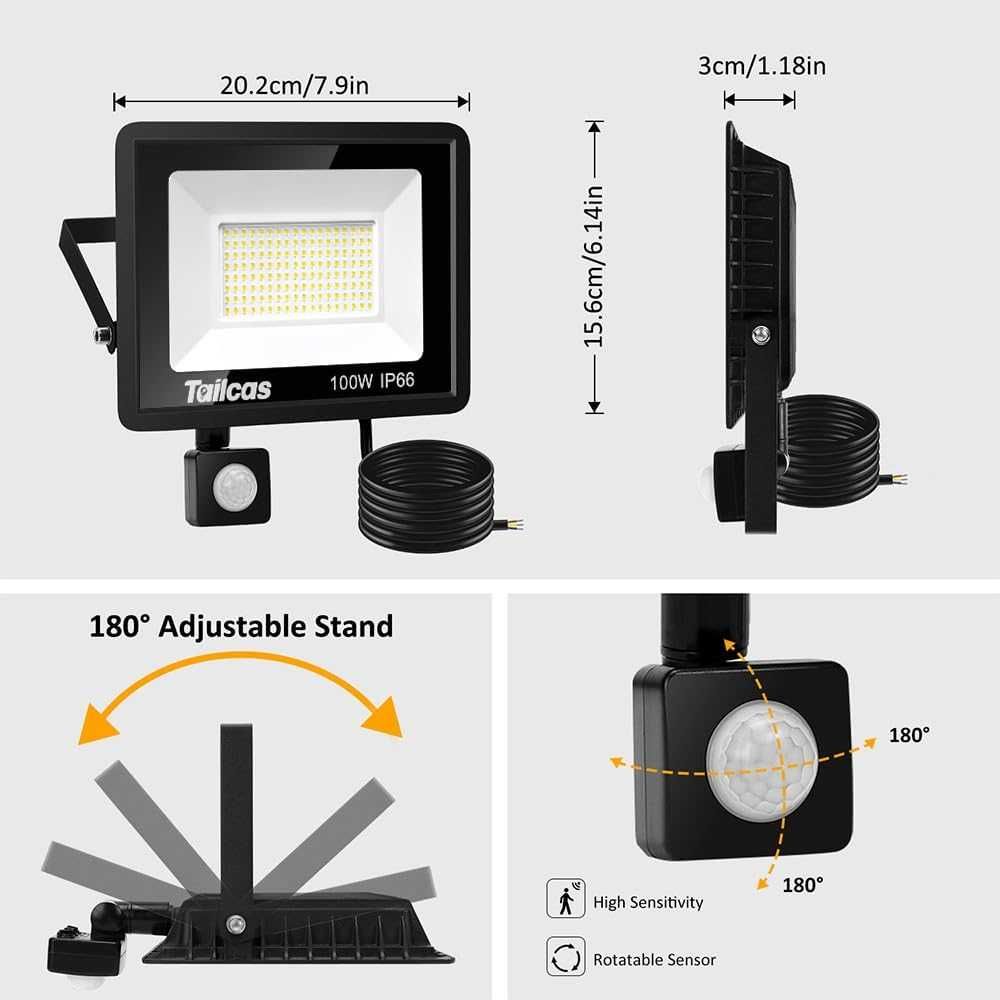 Охранителнен прожектор със сензор за движение, 100W 9000LM LED