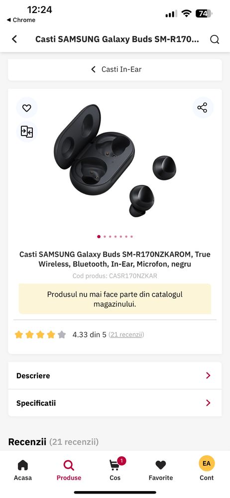 Casti wireless Samsung Galaxy Buds SM-RN170 impecabile
