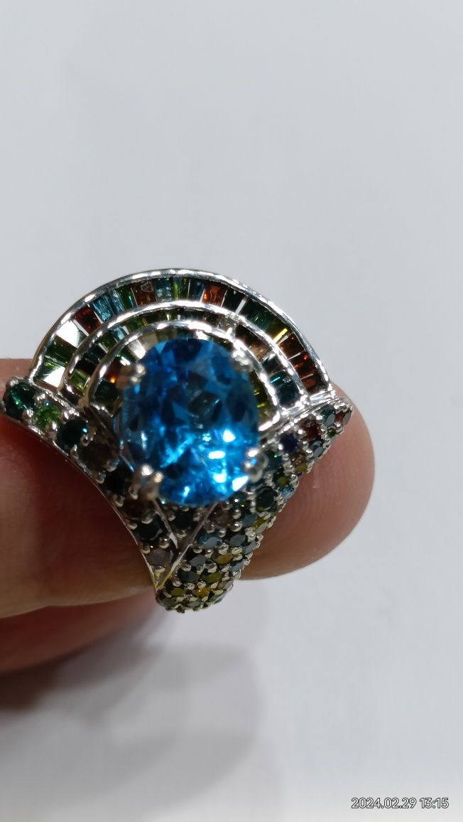 Vind inel din aur 18kt cu diamante multicolore naturale și topaz