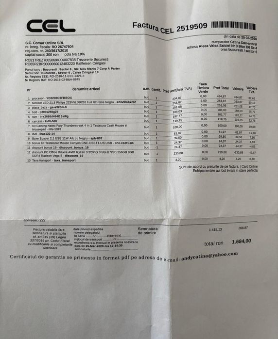 PC cu procesor AMD Ryzen 3 2200G 3.5 GHz 4 GB