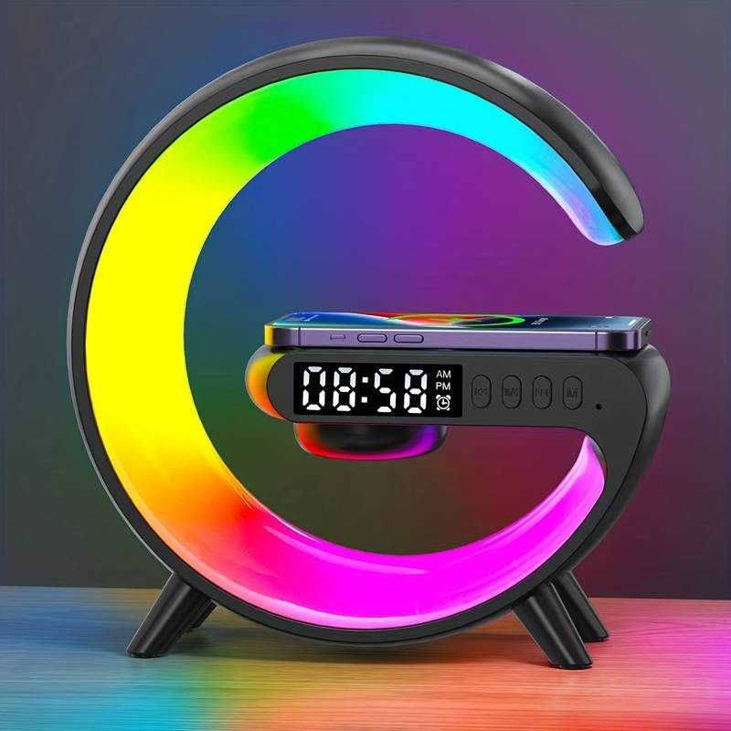 Statie Incarcare Wireless 3 in 1 cu lampa RGB si Boxa Bluetooth