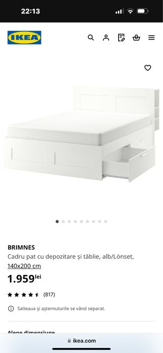 Pat Brimnes Ikea cu somiera Lonset inclusa, stare f buna, 4 sertare