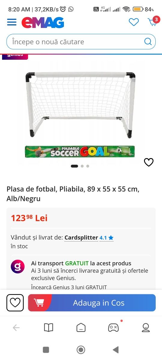 Poarta fotbal Crivit sigilata portabila pliabila 89×55×55