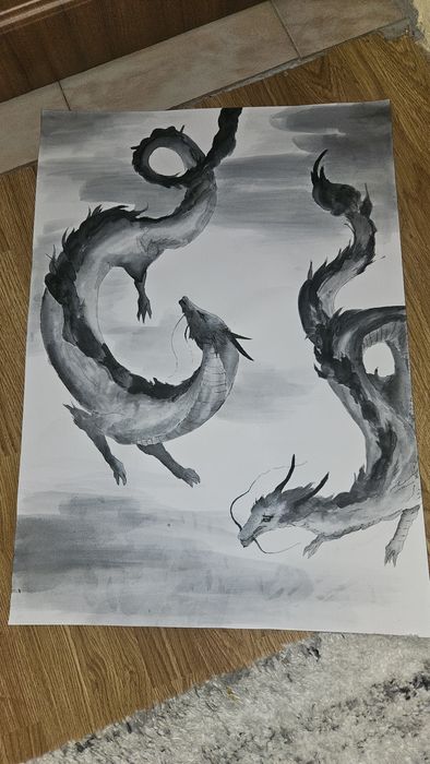 Desen  50x70 cm – Dragoni în cer, cerneală și pensulă