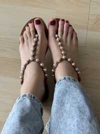 Sandale maro cu margele perle talpa joasa