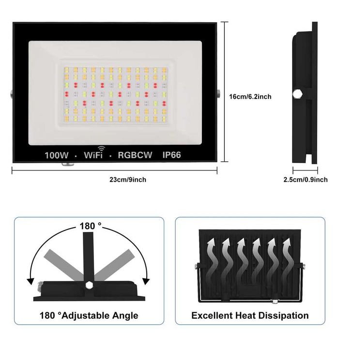 LED RGB прожектор, 100W външен прожектор WiFi IP66