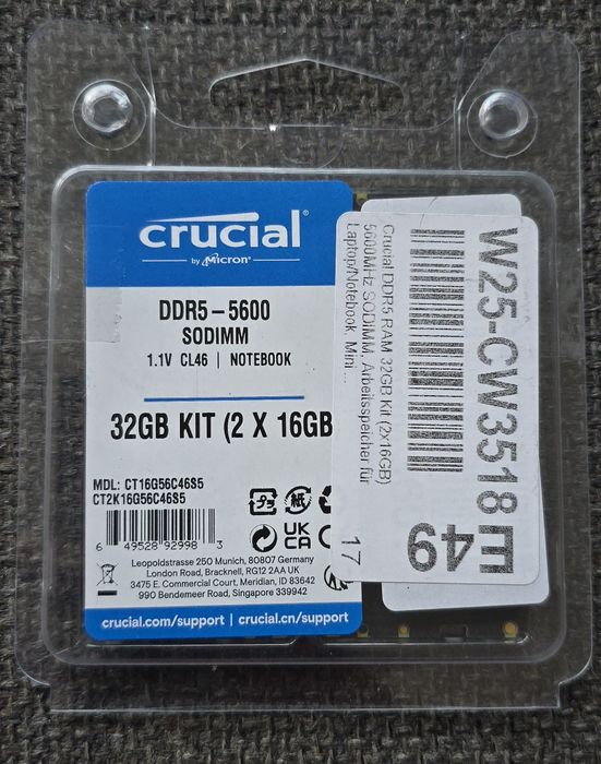 Ram Memorie Sodimm Crucial DDr5 5600 2 x 16gb laptop nou