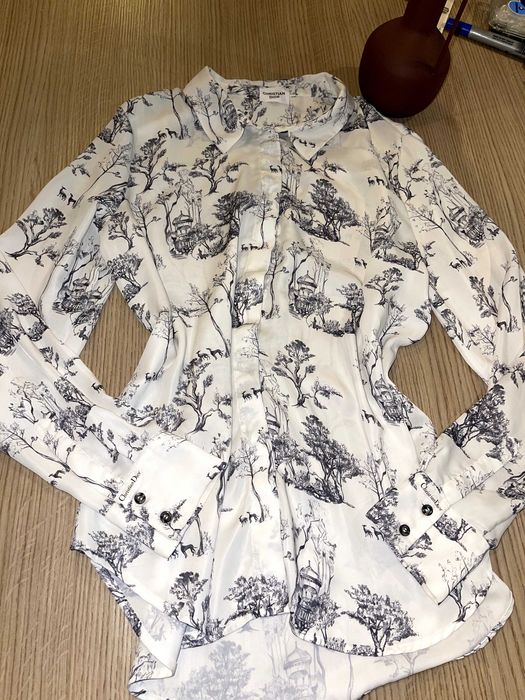 копринена бяла риза на диор dior с дъкъг ръкав сини дървета луксозна