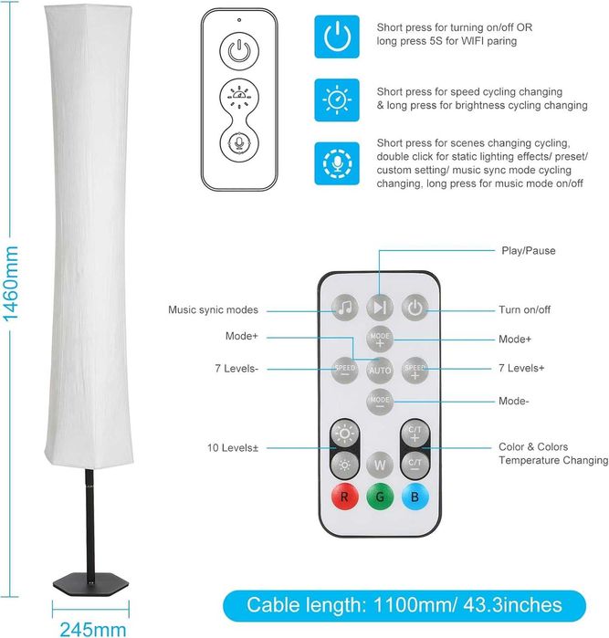 WiFi RGB LED Подова лампа 146см димируема синхронизация с музика