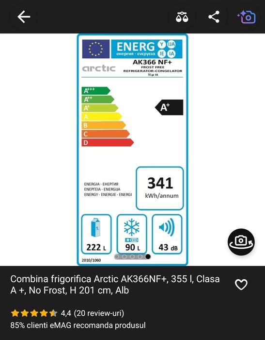 Combina frigorifica Arctic AK366NF+, 355 Clasa A+, No Frost, H201 cm