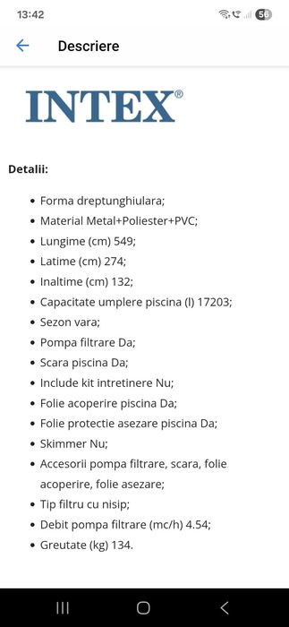 Piscina Intex dreptunghiulara(5,49 m ×2,74 m×1.32 m)