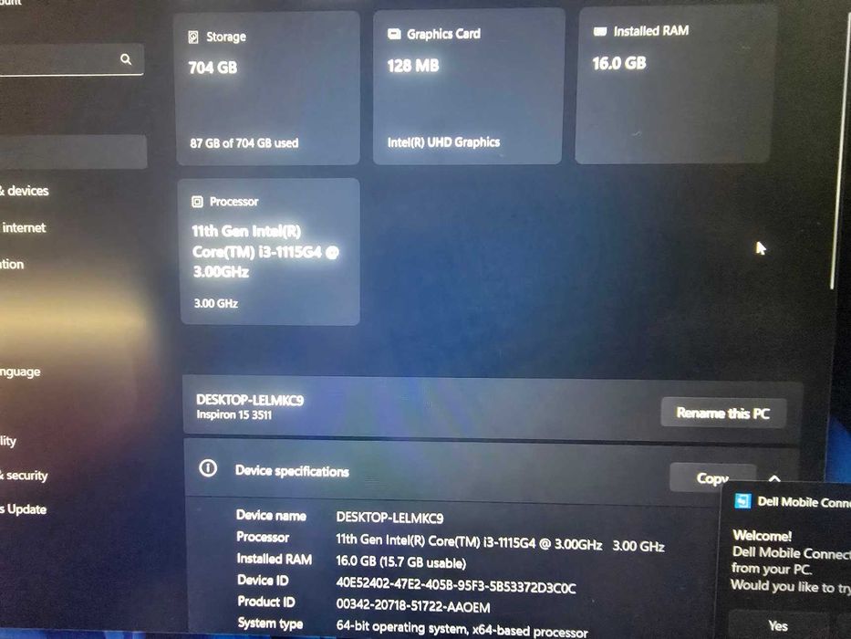 Лаптоп DELL 3511 / i3-1115G4 / 240Gb NVME + 500 HDD/ 16Gb DDR4