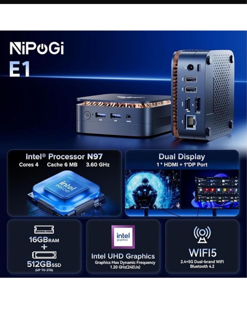 Mini PC Nipogi E1 Procesor Intel Alder Lake-N97  512GB 16 GB DDR4 Nou