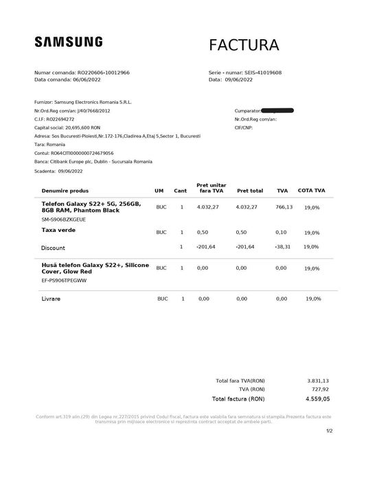 Samsung Galaxy S22+ plus, 256GB, cutie+incărcător 45W, factură Samsung