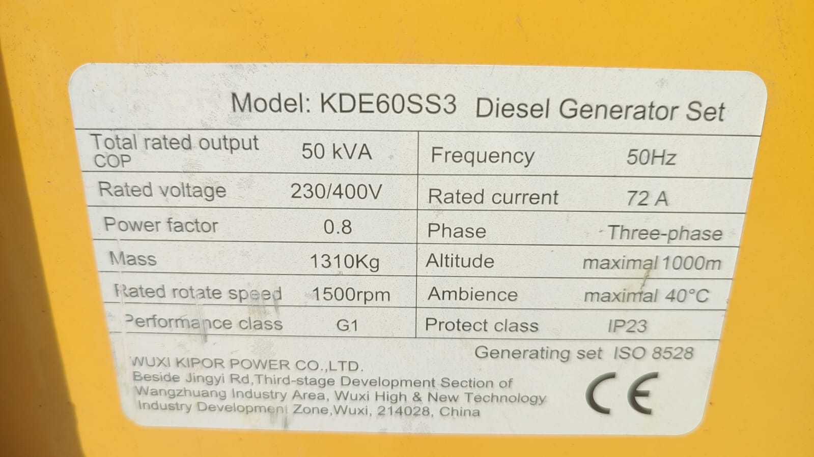 Generator KIPOR 50 kVA, 40kw, 380v, model KDE60SS3