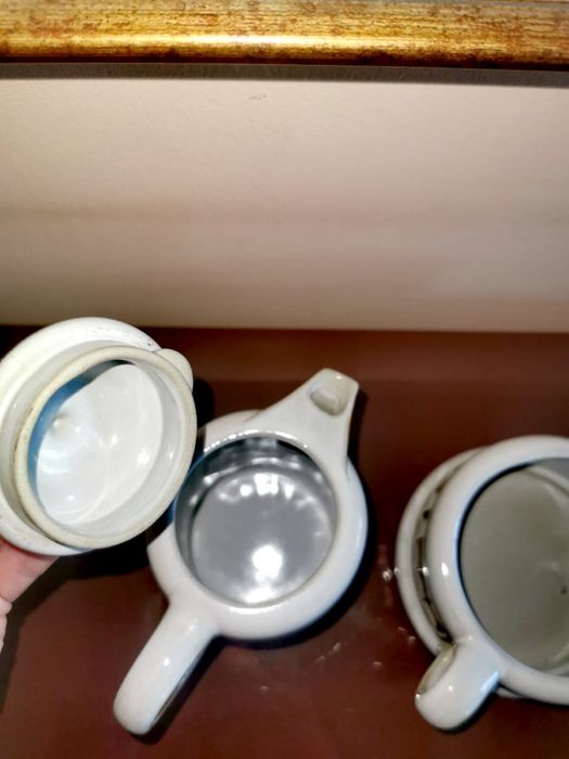 Антикварен комплект от сервиз за чай кафе чайник с похлупак и каничка