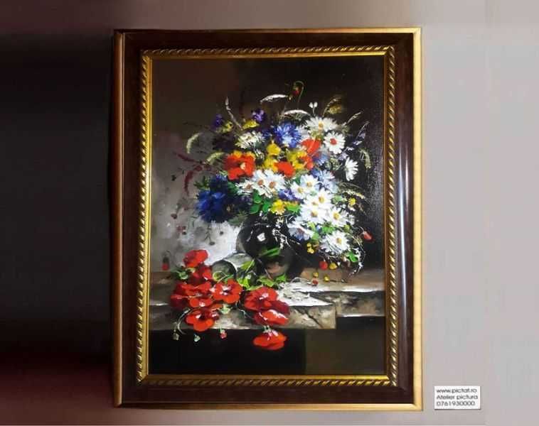 Tablou pictat manual flori camp pictura flori de primavara in vaza
