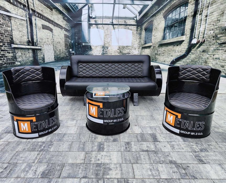 Set Mobilier industrial metalic din butoaie metal cafee service auto