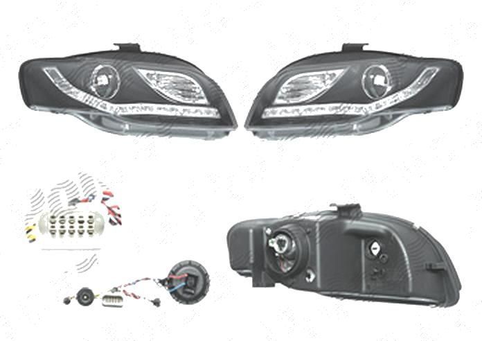 Set faruri Audi A4 (B7), 11.2004-03.2008, fata, Stanga+Dreapta, cu LED-uri pozitie; H9; electric; negru, transparent; cu motor; tuning;