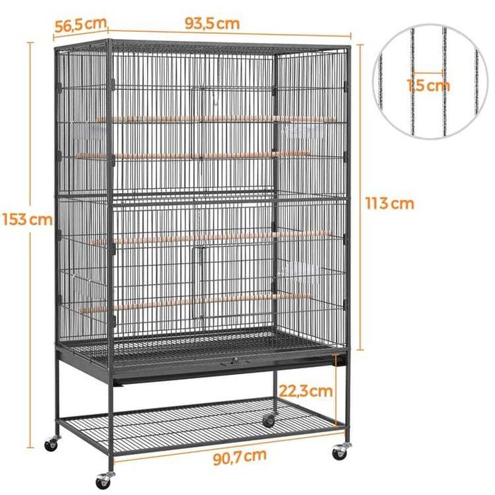 Colivie mare pentru păsări, cu raft și roți, negru |S 613753 Black