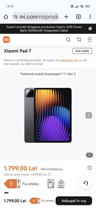 Vând tabletă Xiaomi Pad 7