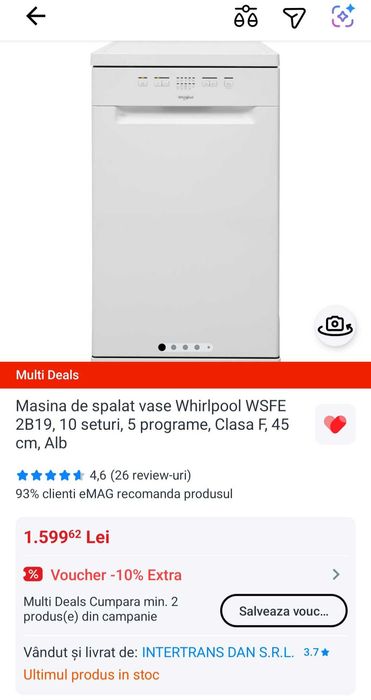 Masina de spalat vase Whirlpool WSFE 2B19, 10 seturi, 45 cm, Alb