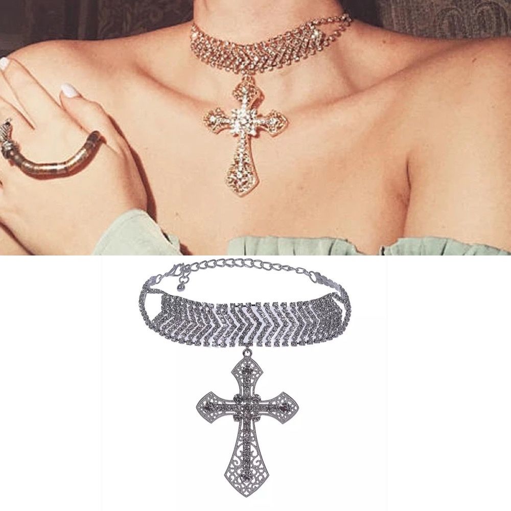 Lant Chocker Colier M3 Cruce cristale swarovski diamante Cross masiv