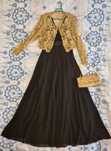 Set unicat Rochie de seara neagra + top auriu dantela brodat + geanta