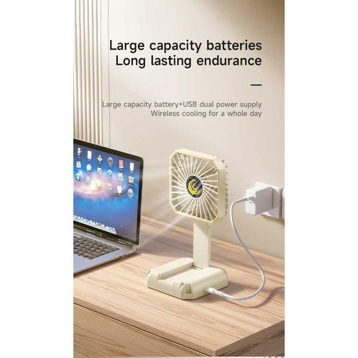 Ventilator Portabil Acumulator Incarcare USB Suport de Telefon Alb