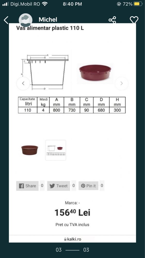 Vas alimentar plastic (nou) 110L