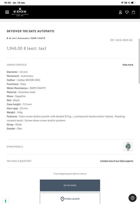 Ceas EDOX Skydiver 70s, automatic, stare excelenta