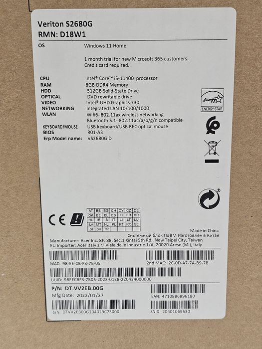 Unitate PC Acer Veriton S2680G Intel Core i5-11400