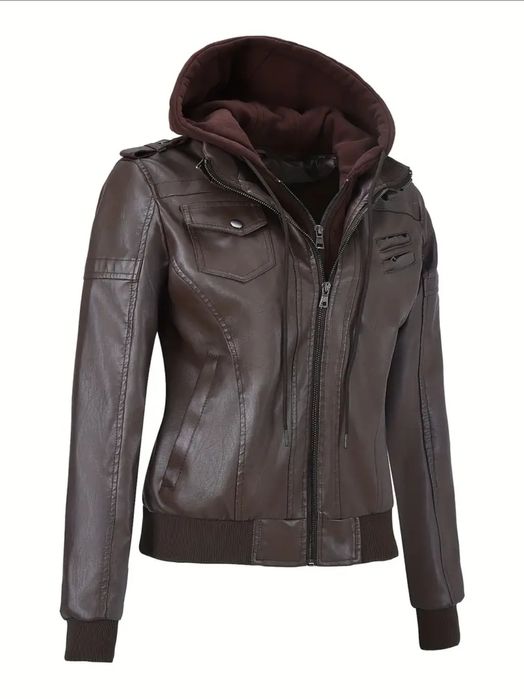 Дамско кожено яке с качулка