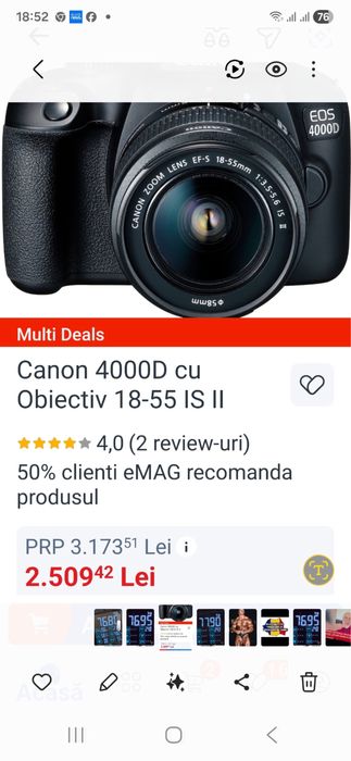 Aparat foto Canon EOS 4000D + obiectiv Canon 18-55