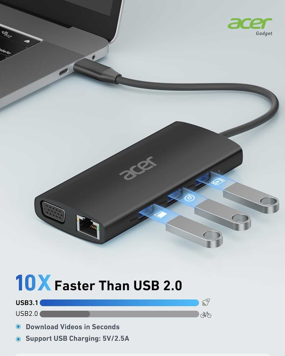 Acer USB C хъб с 4K/30Hz HDMI, 9-в-1 RJ45, 5Gbps USB-A 3.1,PD100W, VGA