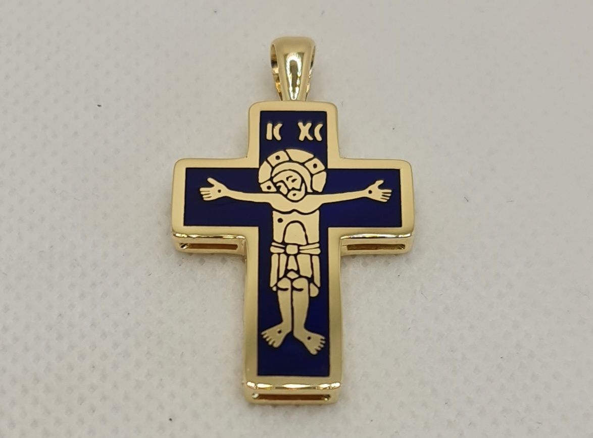 Cruce ortodoxă handmade aur galben 14k și email albastru