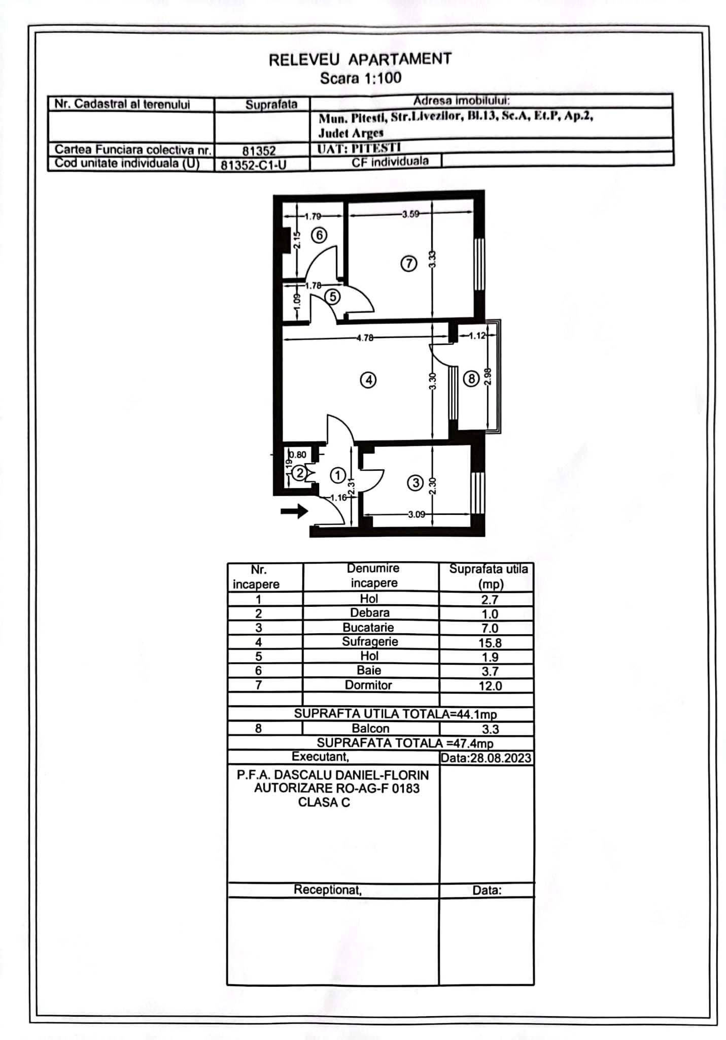 Apartament 2 camere, Ceair - Livezilor, suprafata totala 47.4 mp